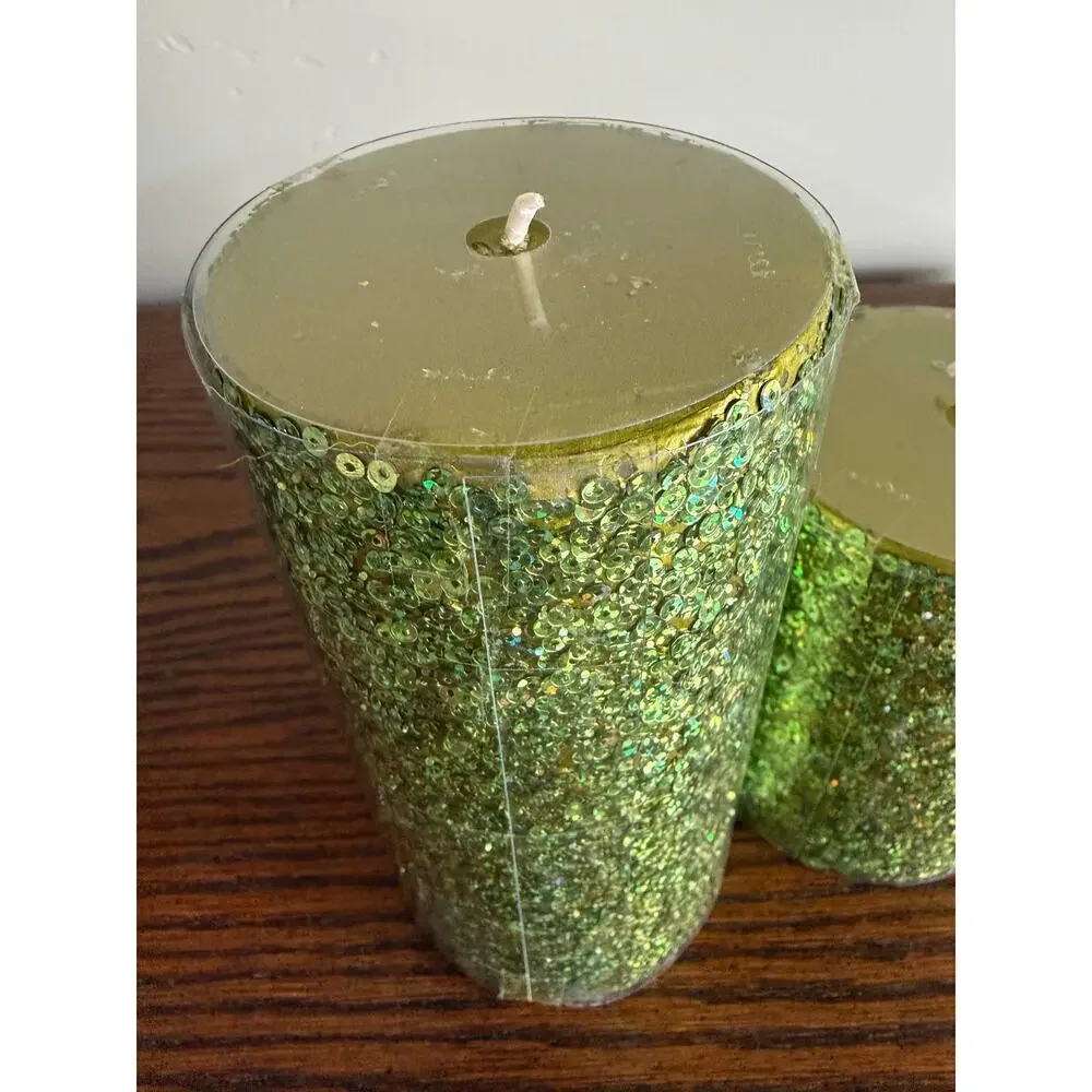 Celebrate It Sequin Shiny Green Decorative Halloween Pillar Candles 2PK
